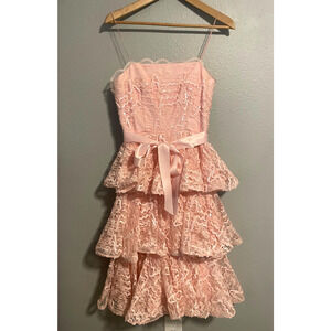 Vintage After Five Dress Womens 6 Pink Lace Sequin Tiered Fit Flare Party Glinda